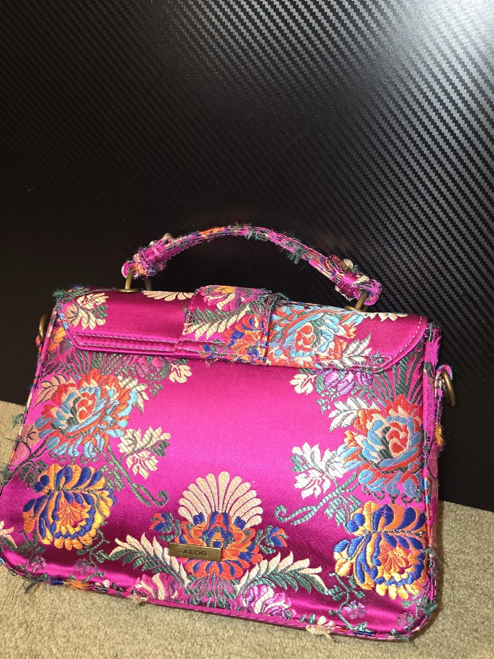 Aldo Hot Pink Floral Satin Top-Handle Satchel with Jeweled Bow Accent